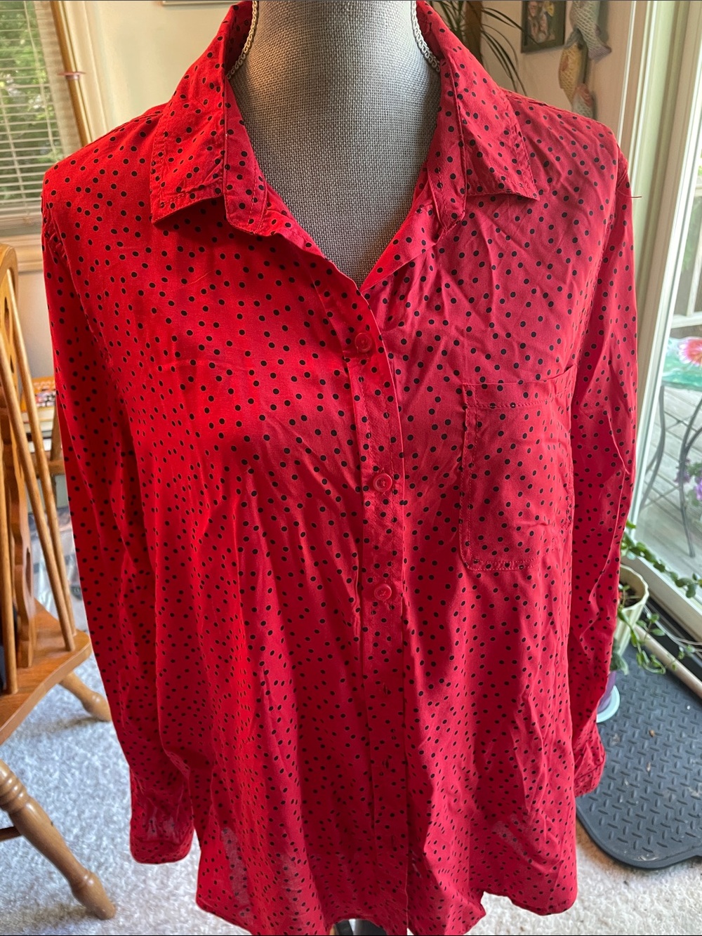 beachlunchlounge Red Button-Down Shirt with Black Polka Dots